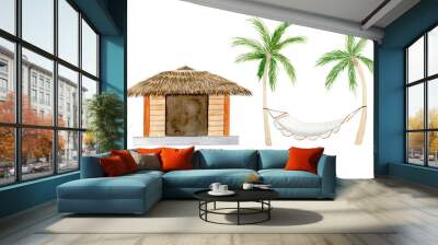 Collection of watercolor illustrations of tropical house and hammock with palms.  Wall mural