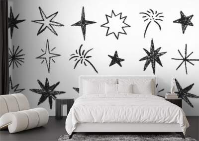 Crayon pencil stars and sparkles doodle set. Twinkle and bling in hand drawn style. Black and white vector illustration. Wall mural