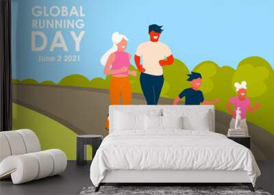 Global Running Day. Happy family running in the park. Father, Mother, Son and Daughter leads an active and healthy lifestyle. Vector illustration in flat style for poster, banner, greeting card. Wall mural