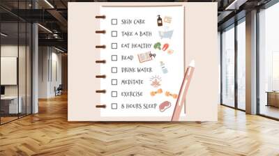 Self-care checklist and routine to do ideas. Includes relaxing, exercising, eating well, health, happiness, motivation, skin care, reading, sleeping. Vector illustration. Wall mural