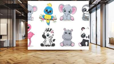 Set of cute cartoon funny animals tiger, koala, parrot, elephant, sloth, monkey, giraffe, flamingo, zebra, hippo, panda, lion. Baby characters on a white background. Wall mural