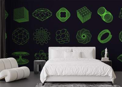 Set of different linear form. Cyberpunk elements consisting of a grid and dots. Collection of lowpoly 3D polygonal shapes. Wall mural