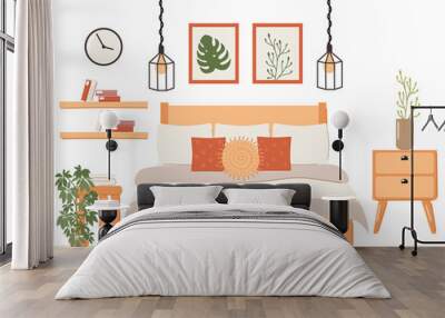 Set of stylish scandinavian bedroom interior. Modern scandinavian bed, clock, basket, lamp, plant, home decorations. Wall mural