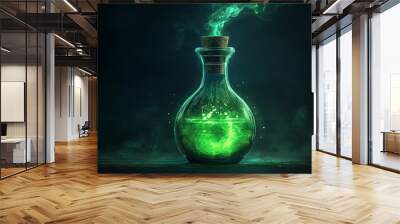 Witch's potion in a glass bottle with green smoke and magical effects for Halloween Wall mural