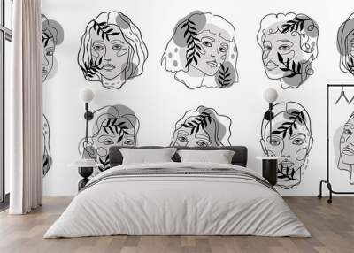 Abstract minamal face line art. Set elegant women sketch. Wall mural