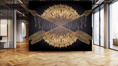 Arrow crossing amulet in ethical and mandala in style tattoo.Gold color graphic in black background. Wall mural