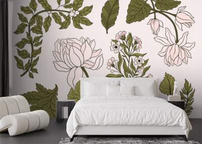 Collection vintage floral motif. William Moriss style art and craft movement. Design outline flower symbol. Wall mural