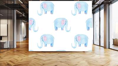 Cute elephant pattern. Seamless watercolor background with blue elephant cartoon character. Minimal baby or children print design. Girl nursery. Wall mural