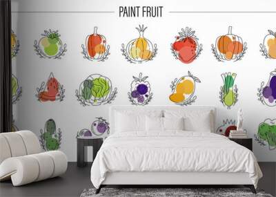 Icon fruit and vegetable set. Hand drawn naive style. Wall mural