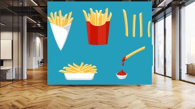 French fries set with tomato sauce. Flat cartoon vector illustration isolated on EPS10. Wall mural