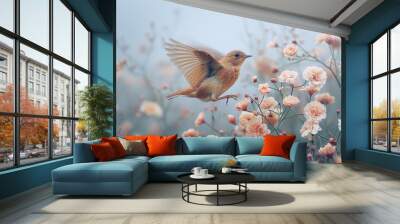 A brown bird flying away from twigs in the wild, wildlife template Wall mural