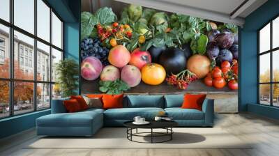 A close-up of a variety of fruits and vegetables arranged on a rustic wooden table Wall mural