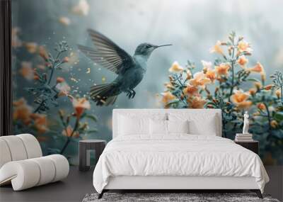 A green bird flying away from twigs in the wild, wildlife template Wall mural