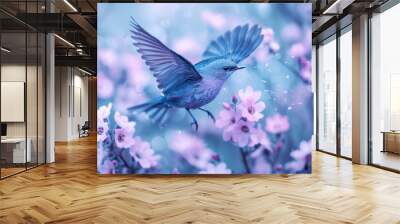 A purple bird flying away from twigs in the wild, wildlife template Wall mural