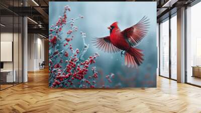 A red bird flying away from twigs in the wild, wildlife template Wall mural