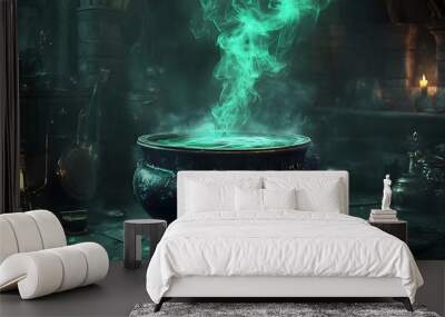 a smoking witch's cauldron in a dark green setting Wall mural