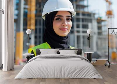 Arabian woman wearing safety uniform at construction site with crane Wall mural