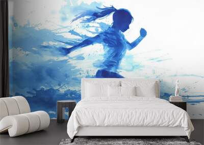 Athletic athlete in action, woman blue watercolor with copy space Wall mural