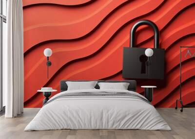 black padlock in flat papercut style with wavy red background Wall mural