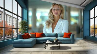 Blonde businesswoman in white formal suit dress arms crossed in modern office Wall mural