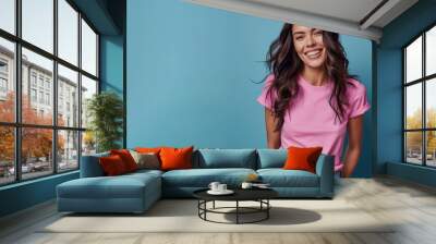 Brunette woman wear pink casual t-shirt smile isolated Wall mural