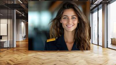 Brunette woman wearing cruise ship staff uniform, boat service crew Wall mural