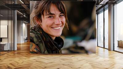 Brunette woman wearing Paramilitary Forces uniform smiling Wall mural