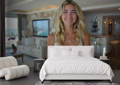 Caucasian woman enjoy vacation at comfortable hotel room by tropical beach Wall mural