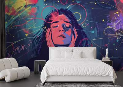 colorful modern painting style illustration of woman with anxiety depression and stressed Wall mural