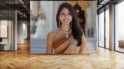 Hispanic woman wearing saree traditional cloth smile at Hindu temple Wall mural