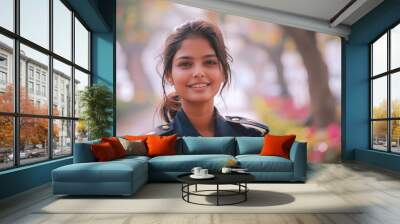 Indian woman navy soldier smile in daily service uniform Wall mural