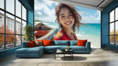 Korean woman smiling wearing kenyan tanzanian kimbeu at tropical beach Wall mural