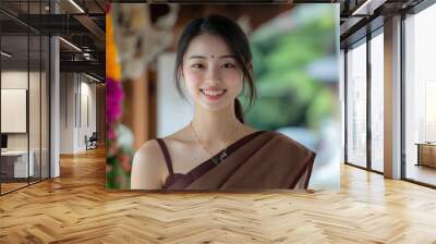 Korean woman wearing saree traditional cloth smile at Hindu temple Wall mural