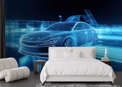 3d AI Generating of a car model in digital color background with wire frame Wall mural