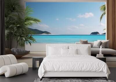 3D rendering of an upholstery sofa with sea view background. Wall mural