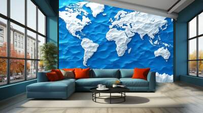 A 3D relief map showcasing the world, featuring textured landmasses against a vibrant blue ocean backdrop. Wall mural