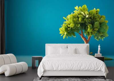 A cartoon-style green tree on a blue background. Wall mural