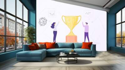 A celebration of success, featuring two individuals raising a trophy, symbolizing achievement and teamwork in a colorful design. Wall mural