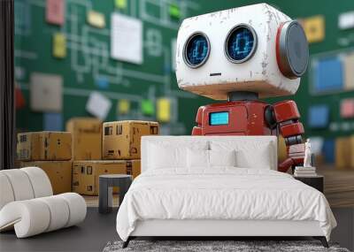 A cheerful robot standing beside boxes in a warehouse, showcasing a blend of technology and playfulness in a colorful environment. Wall mural