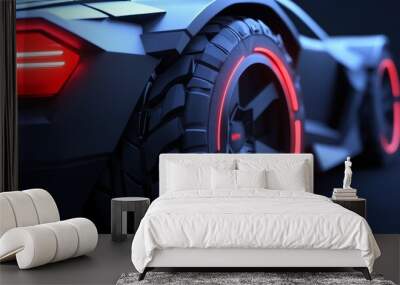 A close-up view of a sleek, modern sports car, showcasing its dynamic tire design and illuminated accents. Wall mural