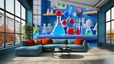 A colorful molecular model stands in a laboratory setting, surrounded by beakers and lab equipment. Wall mural