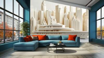 A detailed model of a luxury yacht with a city skyline in the background, symbolizing elegance and modernity in urban life. Wall mural