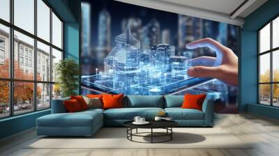 A digital virtual reality modern commercial building on a futuristic HUD background. AI generated 3D image Wall mural