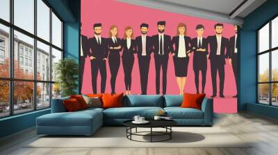 A diverse group of professionals in formal attire stands together, showcasing teamwork and collaboration against a pink background. Wall mural