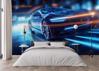 A futuristic car speeds through a tunnel, its sleek body and neon lights creating a sense of motion and excitement. Wall mural