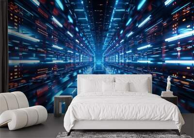 A futuristic tunnel with glowing blue lights and a dark background.  The tunnel is composed of geometric shapes and appears to be endless. Wall mural