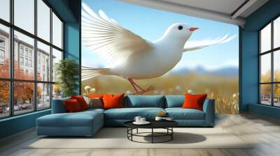 A graceful white bird in flight, gliding above a field of soft flowers under a bright blue sky, symbolizing peace and freedom. Wall mural