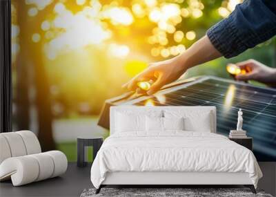 A hand adjusting a solar panel at sunset, showcasing sustainable energy and eco-friendly technology. Wall mural