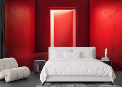 A red door ajar in a red hallway with light streaming through. Wall mural