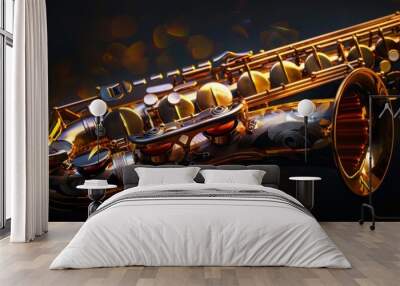 A saxophone on a black background. Wall mural